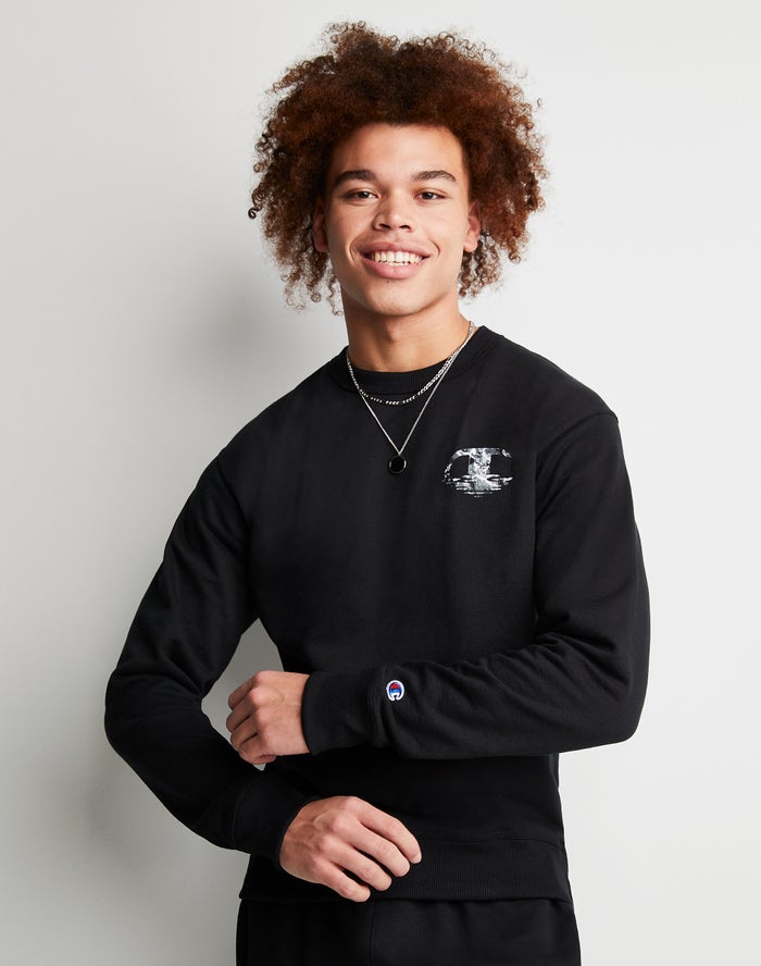 Sudadera Champion Hombre - Powerblend Fleece Crew Chasing Waves ( Negras ) 3712456-WR